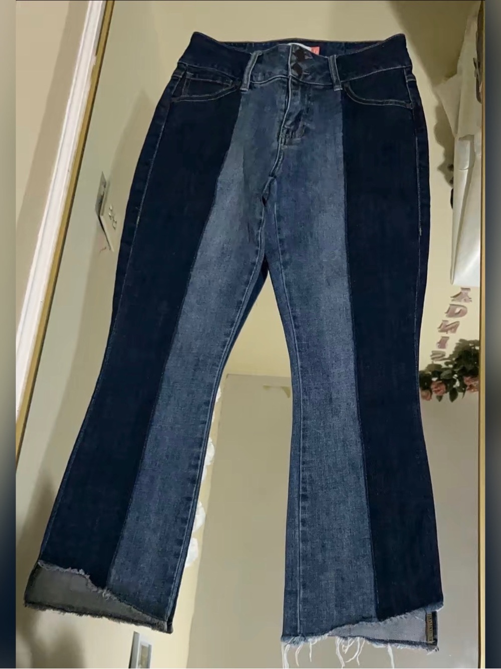 CAbi Two-Tone Navy and Medium Blue Flare Jeans